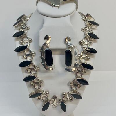 LOT  73R:  Marvella Black Onyx  Sterling Silver Necklace Earring & Bracelet Set
