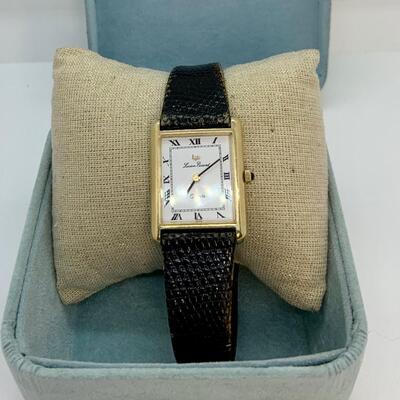 LOT:2: Lucien Piccard 14k Gold Watch with Black Leather Band
