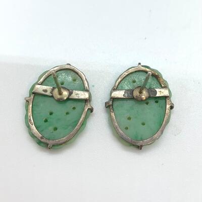 LOT:10: Vintage Carved Oval Green Jade Pierced Earrings stamped sterling