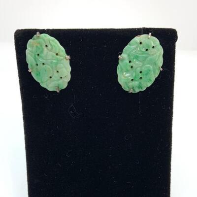 LOT:10: Vintage Carved Oval Green Jade Pierced Earrings stamped sterling