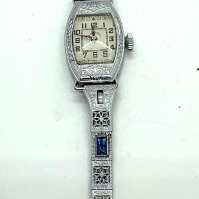 LOT:14: Antique Ollendoraff Lady’s Wristwatch fillagree band inset Blue Gem