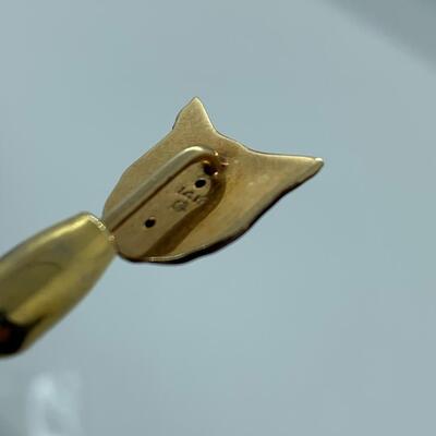 LOT:15: 14k Gold Brown Enamel  Owl Face Stick Pin with Diamond Chip eyes