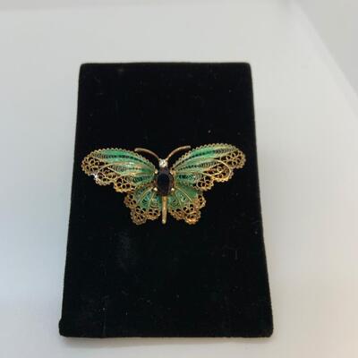 LOT:26: Vintage 14k Gold Green Enamel Butterfly with Smokey Topaz & Real Diamond chips