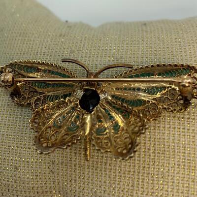 LOT:26: Vintage 14k Gold Green Enamel Butterfly with Smokey Topaz & Real Diamond chips