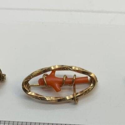 LOT:36: Victorian Gold Filled Coral Set- Dangling Pierced Earrings, Pendant and 3 Pins
