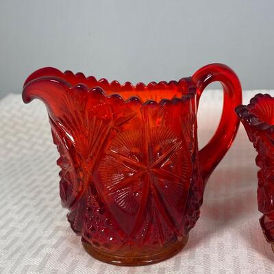 Amberina Red Orange Yellow Flame Depression Glass Cream & Sugar Set