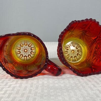 Amberina Red Orange Yellow Flame Depression Glass Cream & Sugar Set