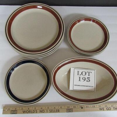 Chateau Hand Painted Stoneware Bowl and Plates, Brown, 1 Blue Rim, Japan