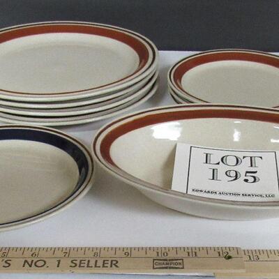 Chateau Hand Painted Stoneware Bowl and Plates, Brown, 1 Blue Rim, Japan