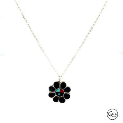 Sterling Vintage Zuni Signed Inlay Flower Pendant Necklace