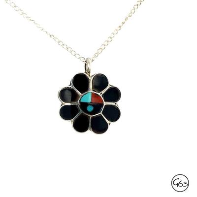 Sterling Vintage Zuni Signed Inlay Flower Pendant Necklace