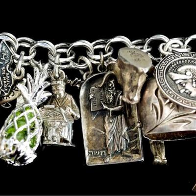 Sterling Silver Bracelet w/Numerous Charms 119g
