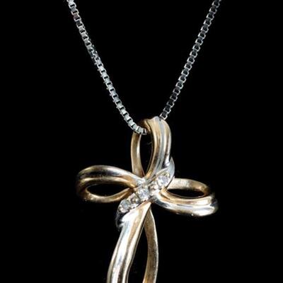 10k/Sterling Dual Tone Diamond Cross Pendant Necklace