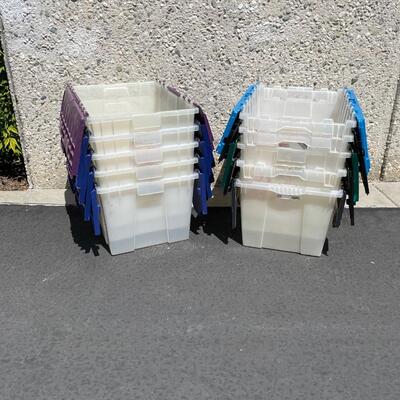Lot of 10 Folding-lid plastic Storage Crates