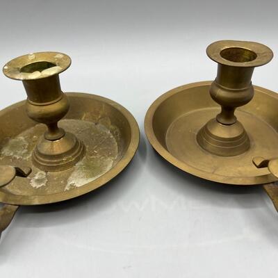 Vintage Pair of Brass Candlestick Chamberstick Holders