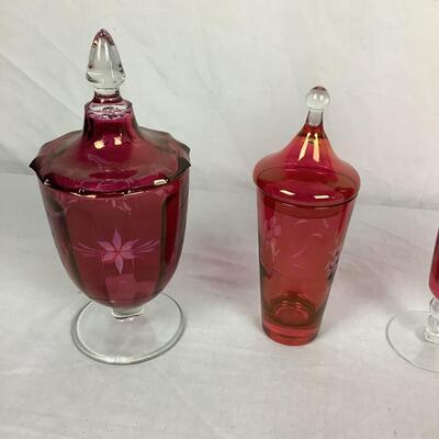 935 Cranberry Glass Vases, Covered Dishes