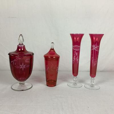 935 Cranberry Glass Vases, Covered Dishes