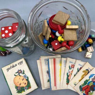 Lot of Small Retro Trinkets Dice, Game Pieces, Jars, Golden Egg Cards & More