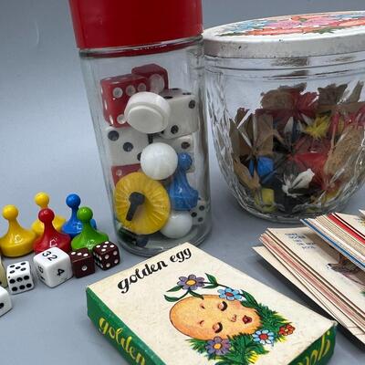 Lot of Small Retro Trinkets Dice, Game Pieces, Jars, Golden Egg Cards & More