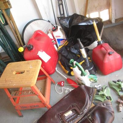 Gas jugs, shop stool, chemicals