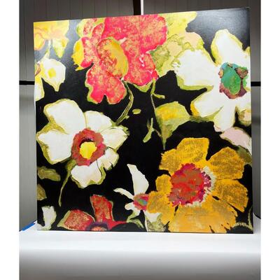 Large Black with Colorful Flowers Canvas Art Print