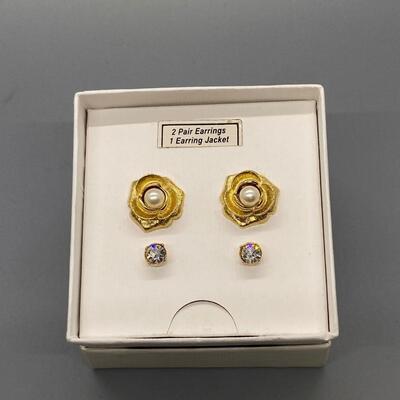 Marvella Gold Tone Faux Pearl Rhinestone Earrings Fashion Jewelry Boxed