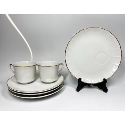 Retro Golden Heirloom JSC White & Gold Trim Ceramic Snack Plates and Cups