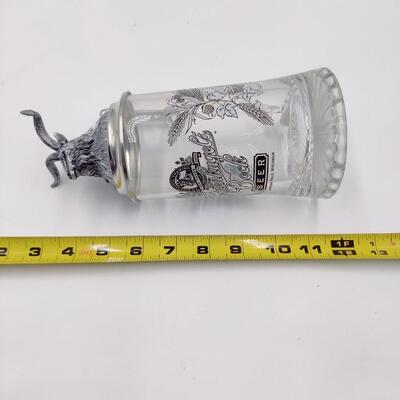 LEINENKUGEL'S BOCK GLASS STEIN W/ PEWTER LID