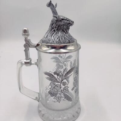 LEINENKUGEL'S BOCK GLASS STEIN W/ PEWTER LID