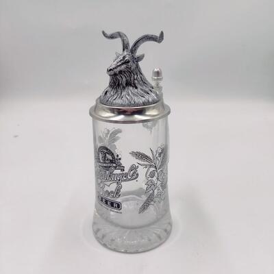 LEINENKUGEL'S BOCK GLASS STEIN W/ PEWTER LID