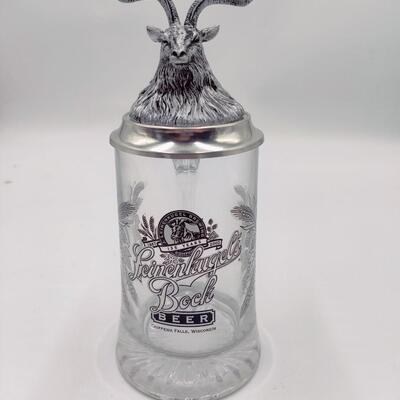 LEINENKUGEL'S BOCK GLASS STEIN W/ PEWTER LID