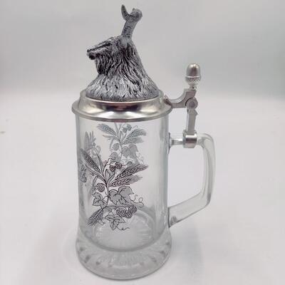 LEINENKUGEL'S BOCK GLASS STEIN W/ PEWTER LID