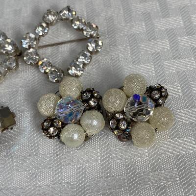Vintage Silver Tone & Rhinestone Jewelry Lot Sweater Pins Clip Style Earrings