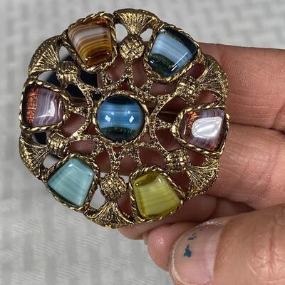 Gold Tone Colored Swirled Glass Medallion Pin Brooch