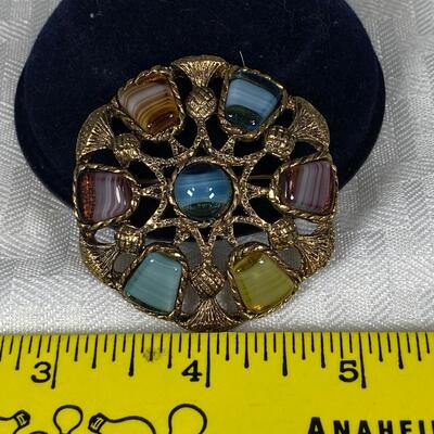 Gold Tone Colored Swirled Glass Medallion Pin Brooch