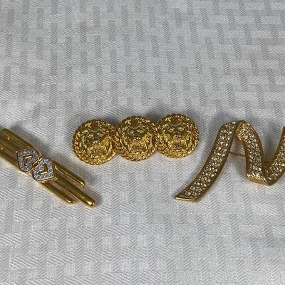 Three Piece Gold Tone & Rhinestone Pin Brooch Lot