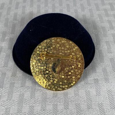 Round Gold Tone Enameled Sun & Moon Starry Night Pin Brooch