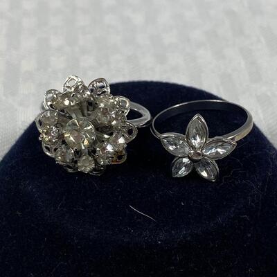 Pair of Vintage Silver Tone & Rhinestone Costume Jewelry Fashion Rings Sarah Coventry Sizeable