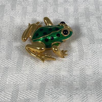 Green Enameled with Black Spots Gold Tone Frog Pin Brooch Carolee