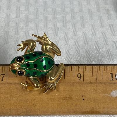 Green Enameled with Black Spots Gold Tone Frog Pin Brooch Carolee