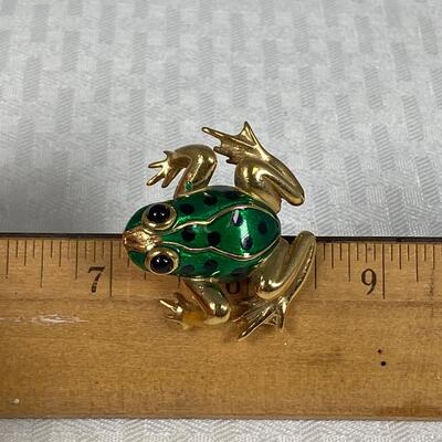 Green Enameled with Black Spots Gold Tone Frog Pin Brooch Carolee