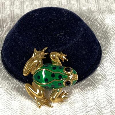 Green Enameled with Black Spots Gold Tone Frog Pin Brooch Carolee