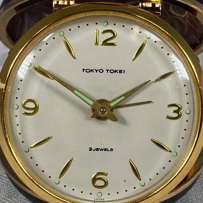 Vintage Yokohama Tokyo Tokei 2 Jewel Travel Clam Shell Alarm Clock