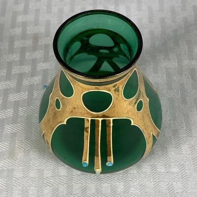Vintage Art Deco Green Glass Gold Accent Bud Vase Bottle