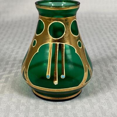 Vintage Art Deco Green Glass Gold Accent Bud Vase Bottle