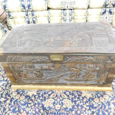Vintage Hand Carved Camphor Wood Trunk with Brass Fixtures and Accents