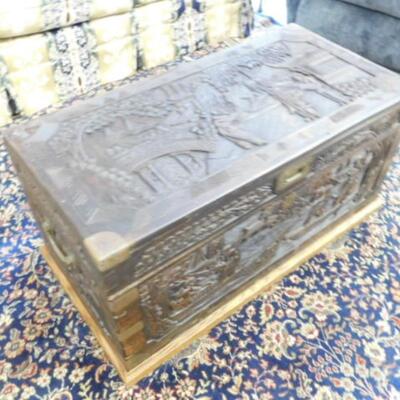 Vintage Hand Carved Camphor Wood Trunk with Brass Fixtures and Accents