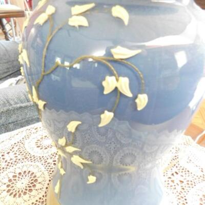 Pair of Blue Ceramic Jar Lamps with White Blossom Accents