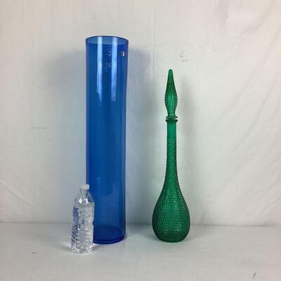 956 Mid Century Glass Green Decanter and Blenko Blue Vase