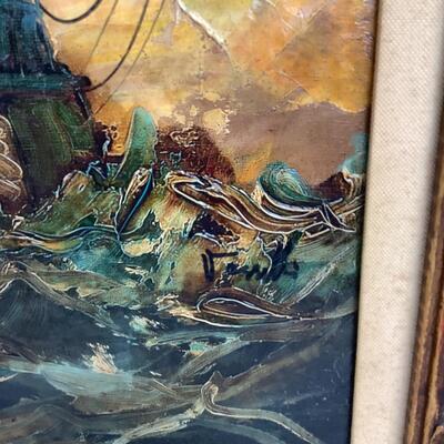 957 Mid Century Original Oil on Canvas "Battle at Sea" by Vesselli